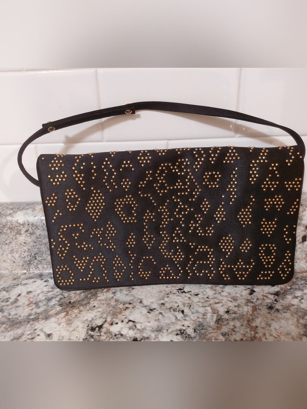 Vintage St. John Black Satin Clutch with Decorative Gold Studs